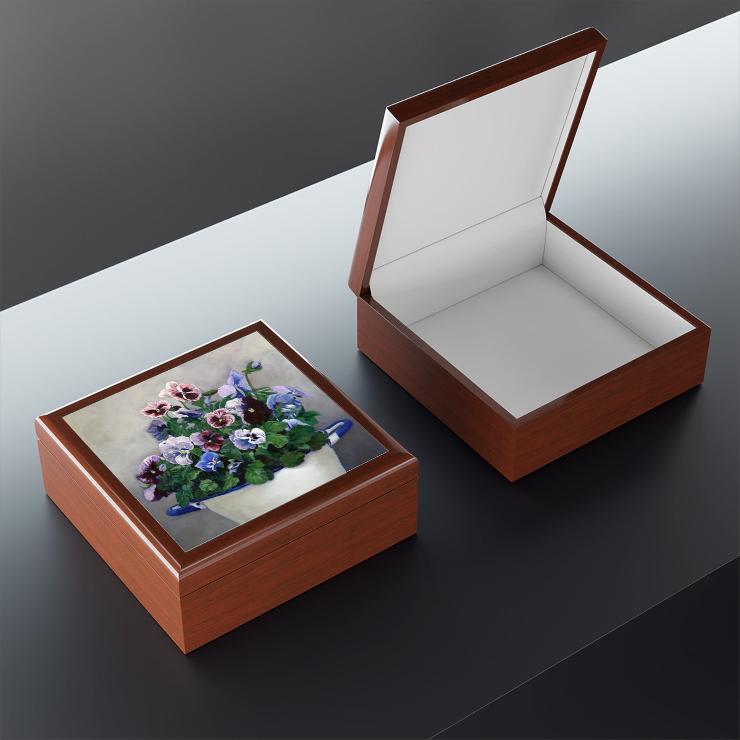 Jewelry/Keepsake Box - Pansies - Lacquered Wood Box  inside