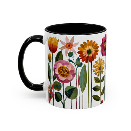 Mug with floral design on a white background, black interior and handle left side