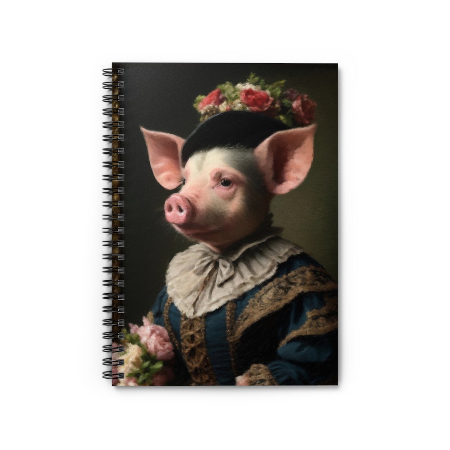 Portrait Pig Spiral Notebook — Vintage-Renaissance Pig in Floral Crown Ruled Notebook