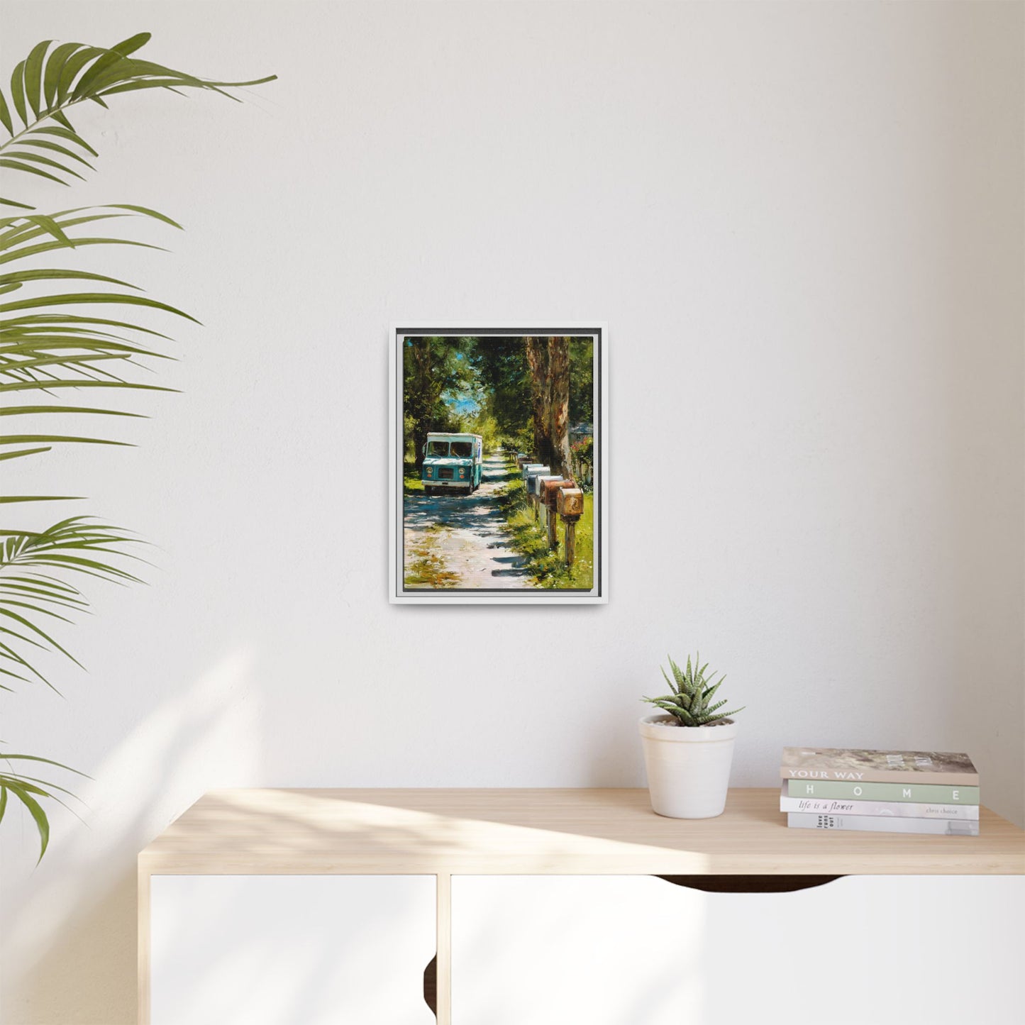 Framed Matte Canvas Print — Vintage Mail Truck on Country Road Wall Art