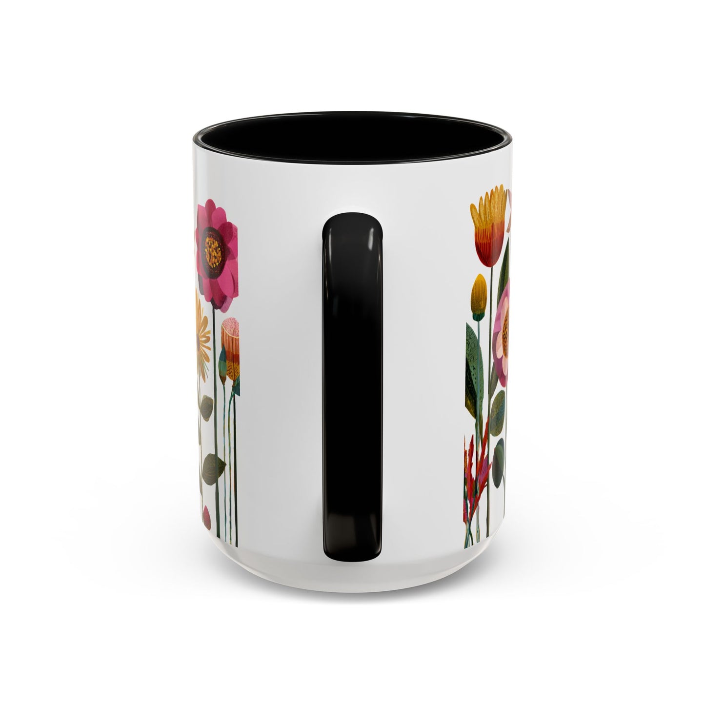 15oz Black and White mug with black interior and handle, featuring colorful floral designs on a white background