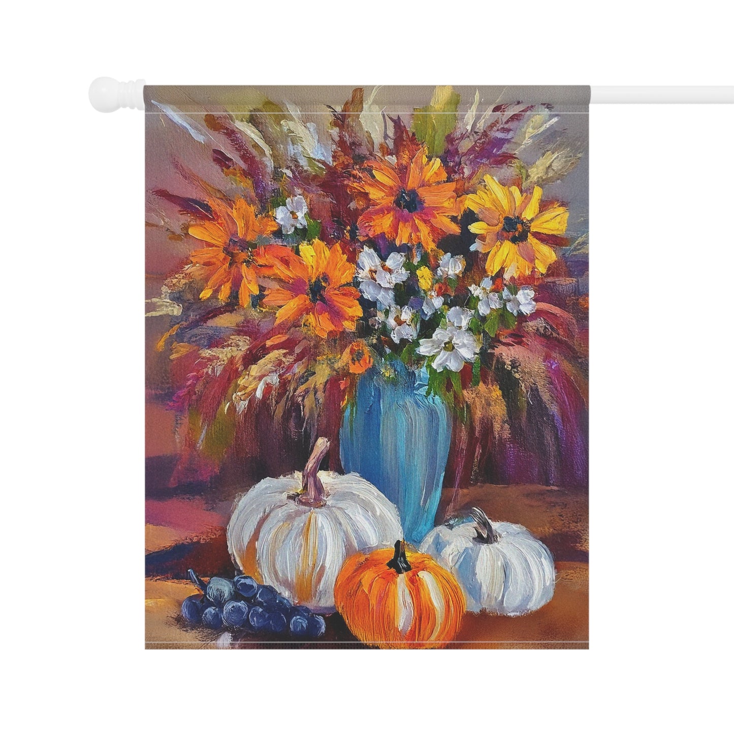 Decorative flag with a colorful floral arrangement and pumpkins on a white background