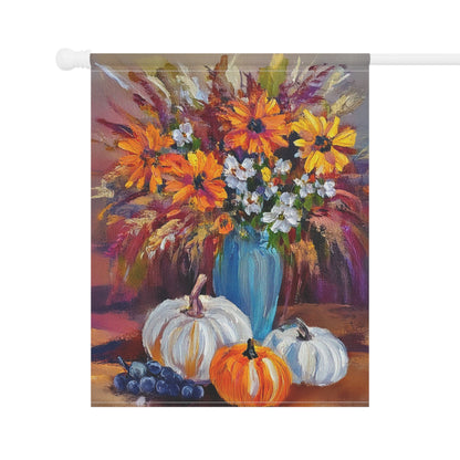 Decorative flag with a colorful floral arrangement and pumpkins on a white background