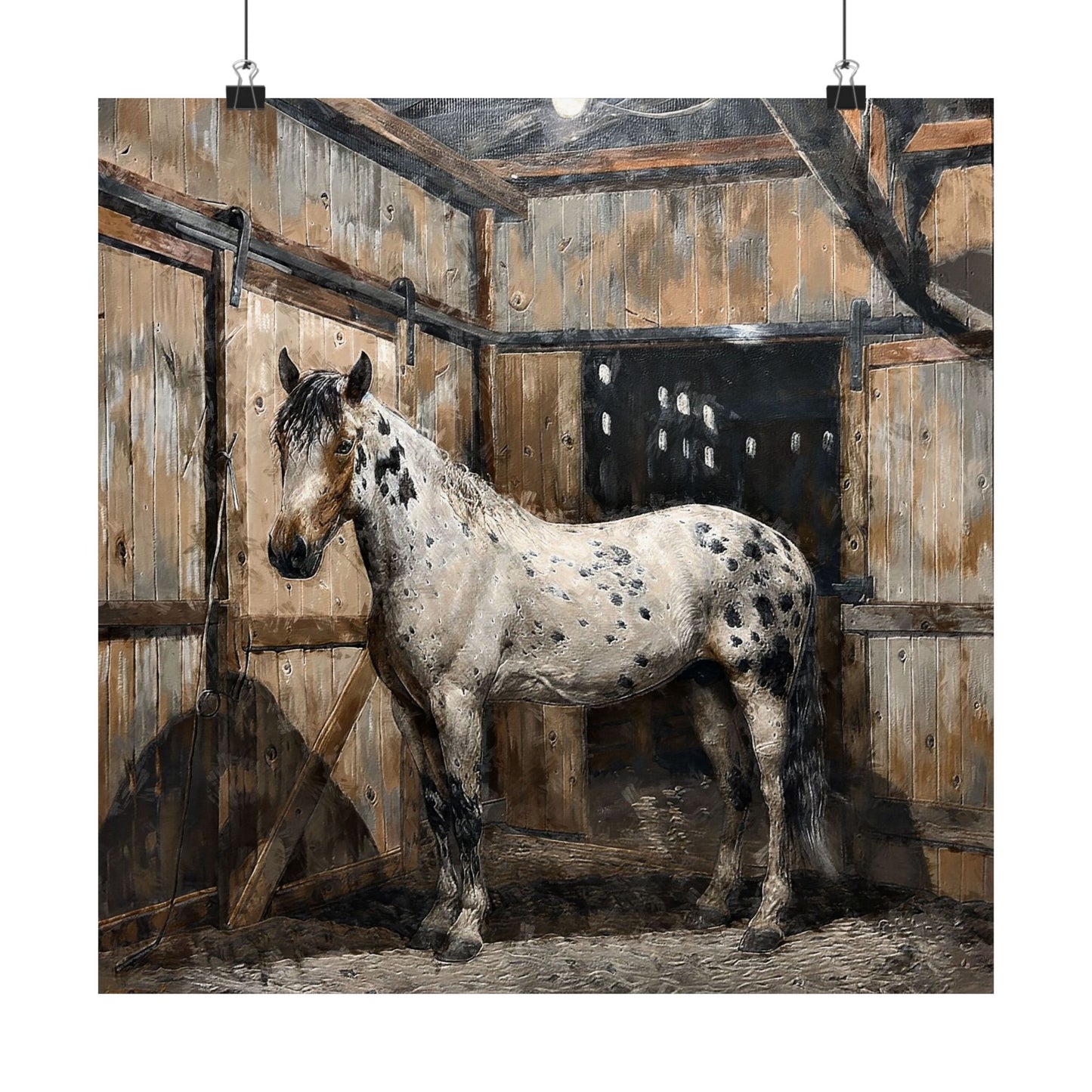 Spotted horse standing in a wooden stable