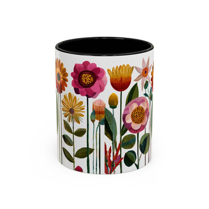 Mug with floral design on a white background and black handle