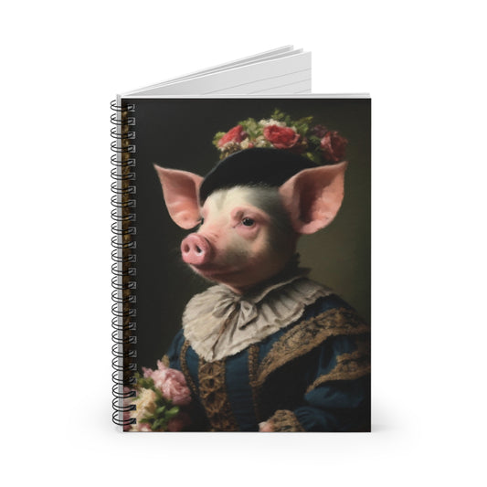 Portrait Pig Spiral Notebook — Vintage-Renaissance Pig in Floral Crown Ruled Notebook