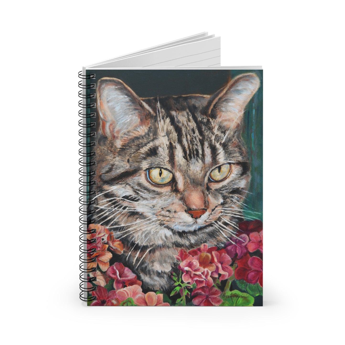 Cat Portrait Spiral Notebook — Tabby Cat with Flowers Ruled Journal