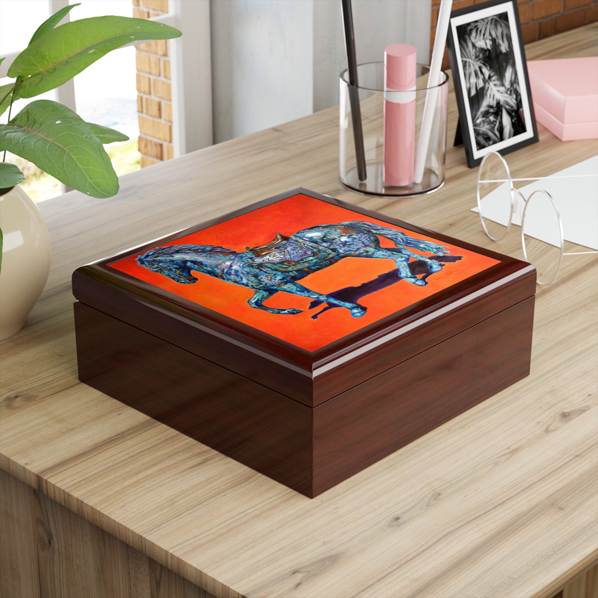 Keepsake/Jewelry Box - Indigo Horse - Wood Lacquer Box mahogany