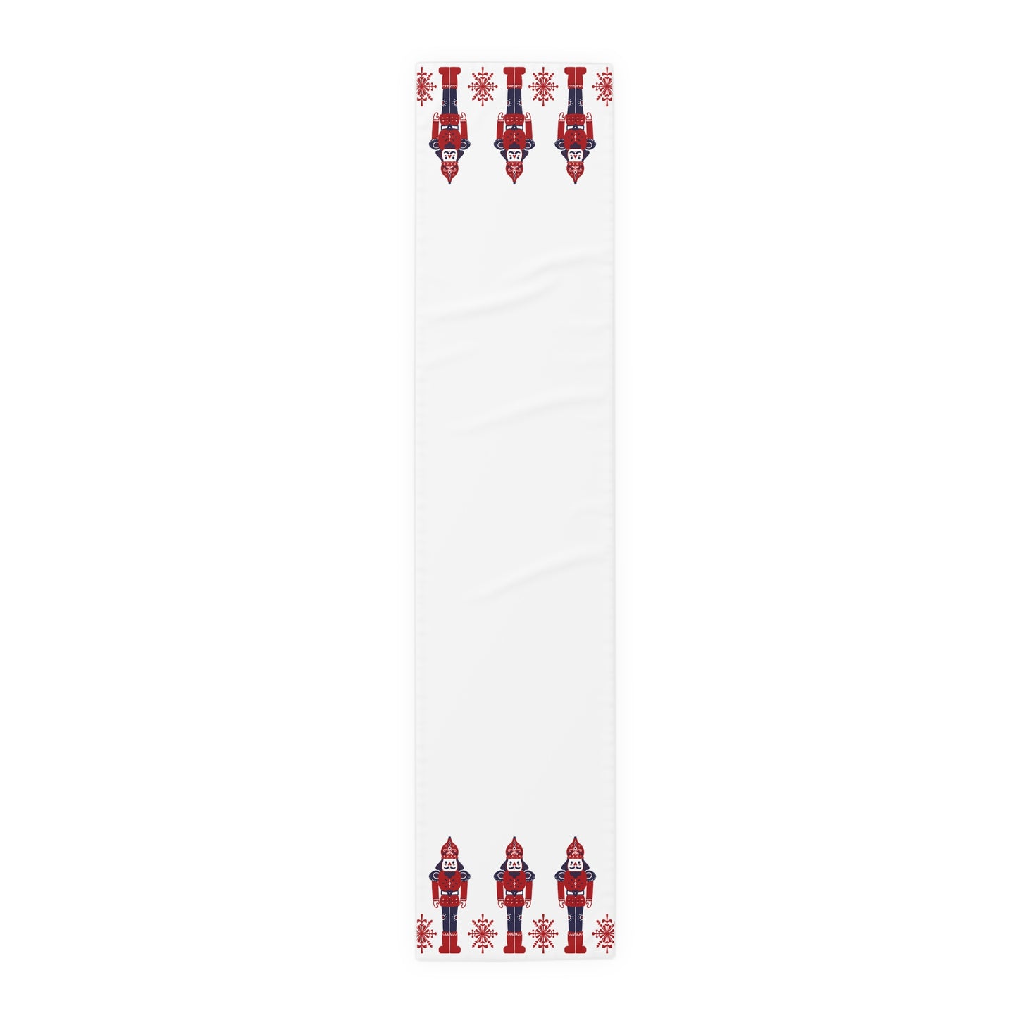 White table runner with red and blue decorative elements on a white background