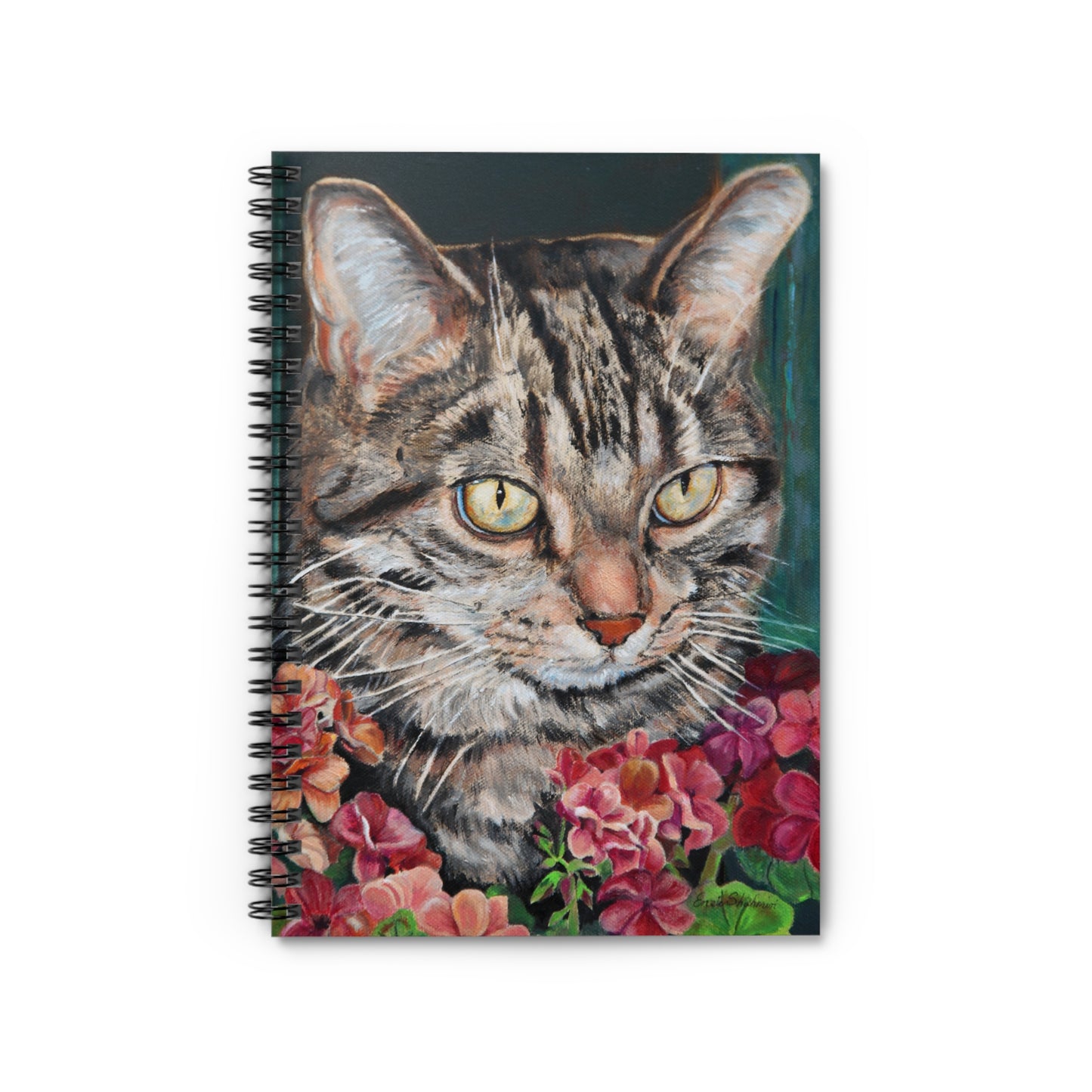 Cat Portrait Spiral Notebook — Tabby Cat with Flowers Ruled Journal