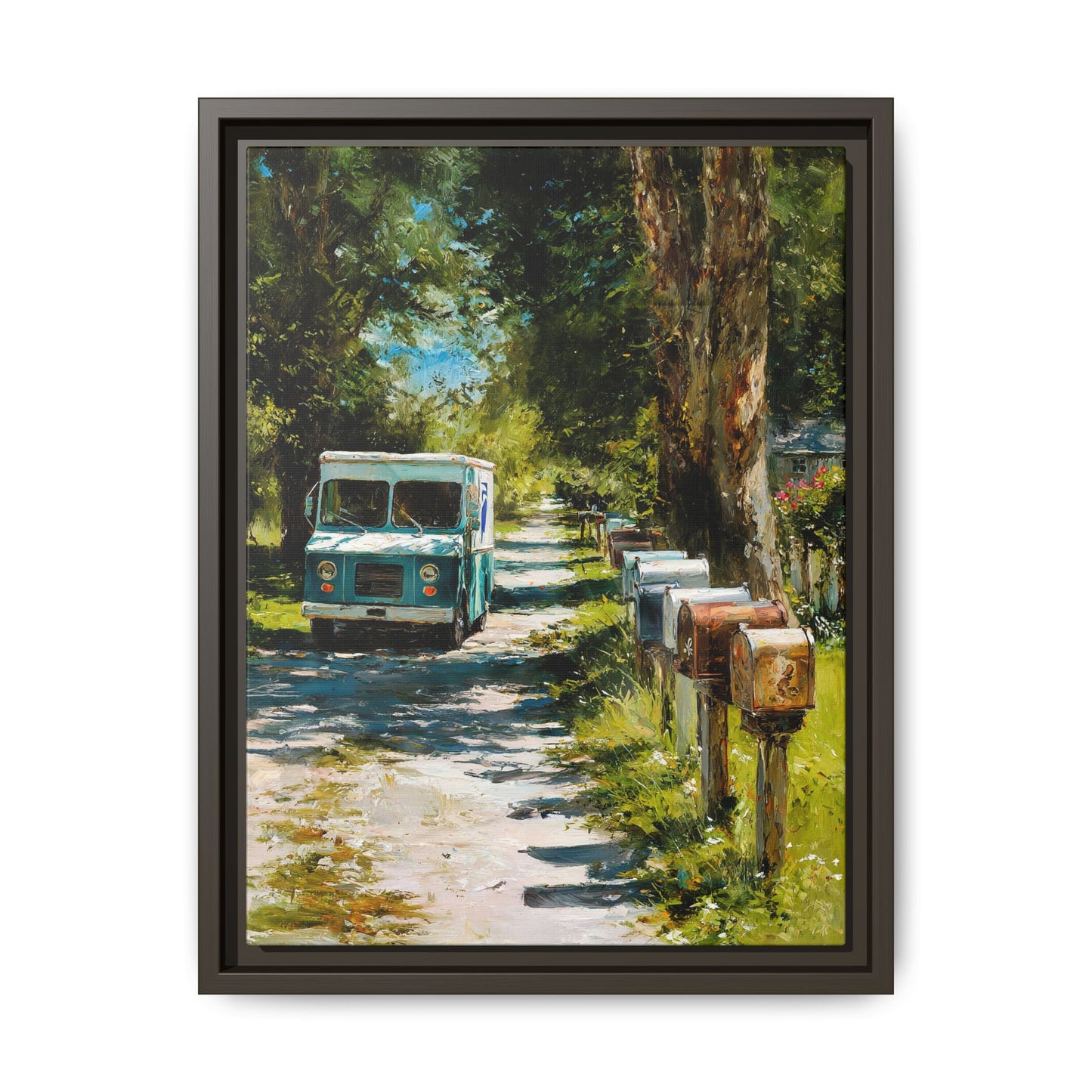 Framed Matte Canvas Print — Vintage Mail Truck on Country Road Wall Art