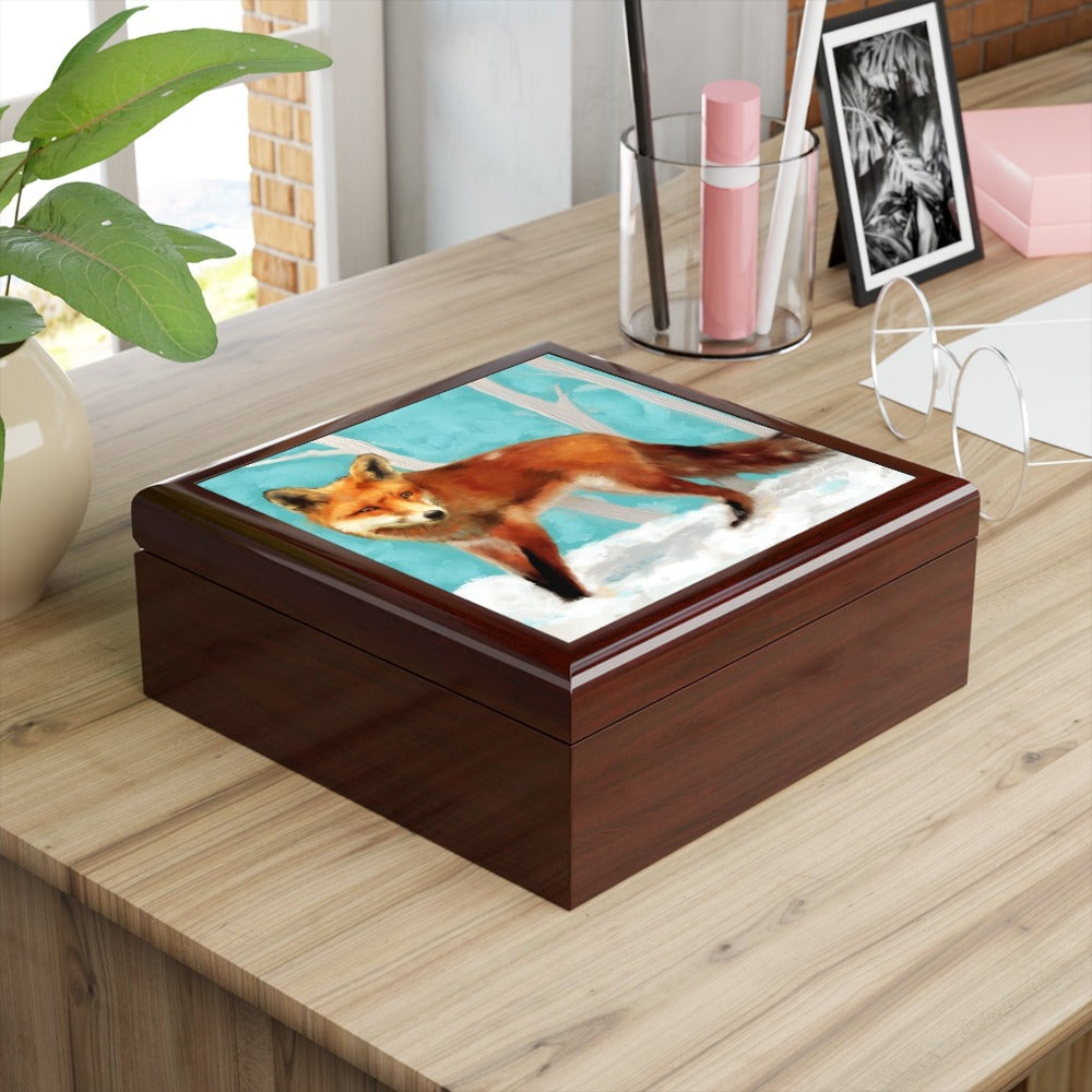 Keepsake/Jewelry Box - Red Fox - Wood Lacquer Box  mahogany 
