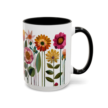 15 oz black Mug with colorful floral design on a white background
