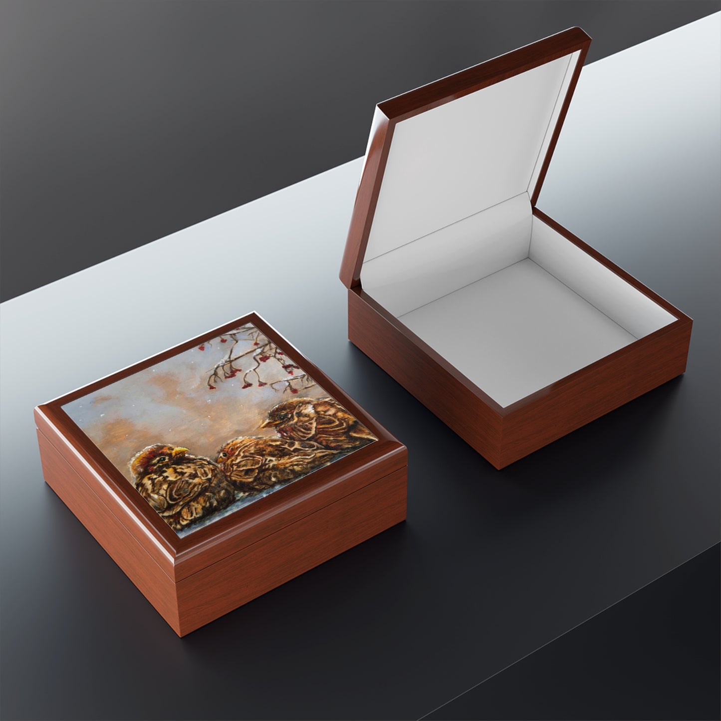 Jewelry/Keepsake Box - Sparrows - Wood Lacquer Box  cover open