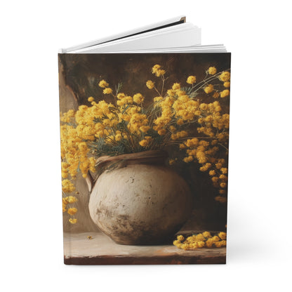 Custom Oil Painting Style Hardcover Journal - Yellow Mimosa & Vintage Vase Still Life - Matte Art Notebook