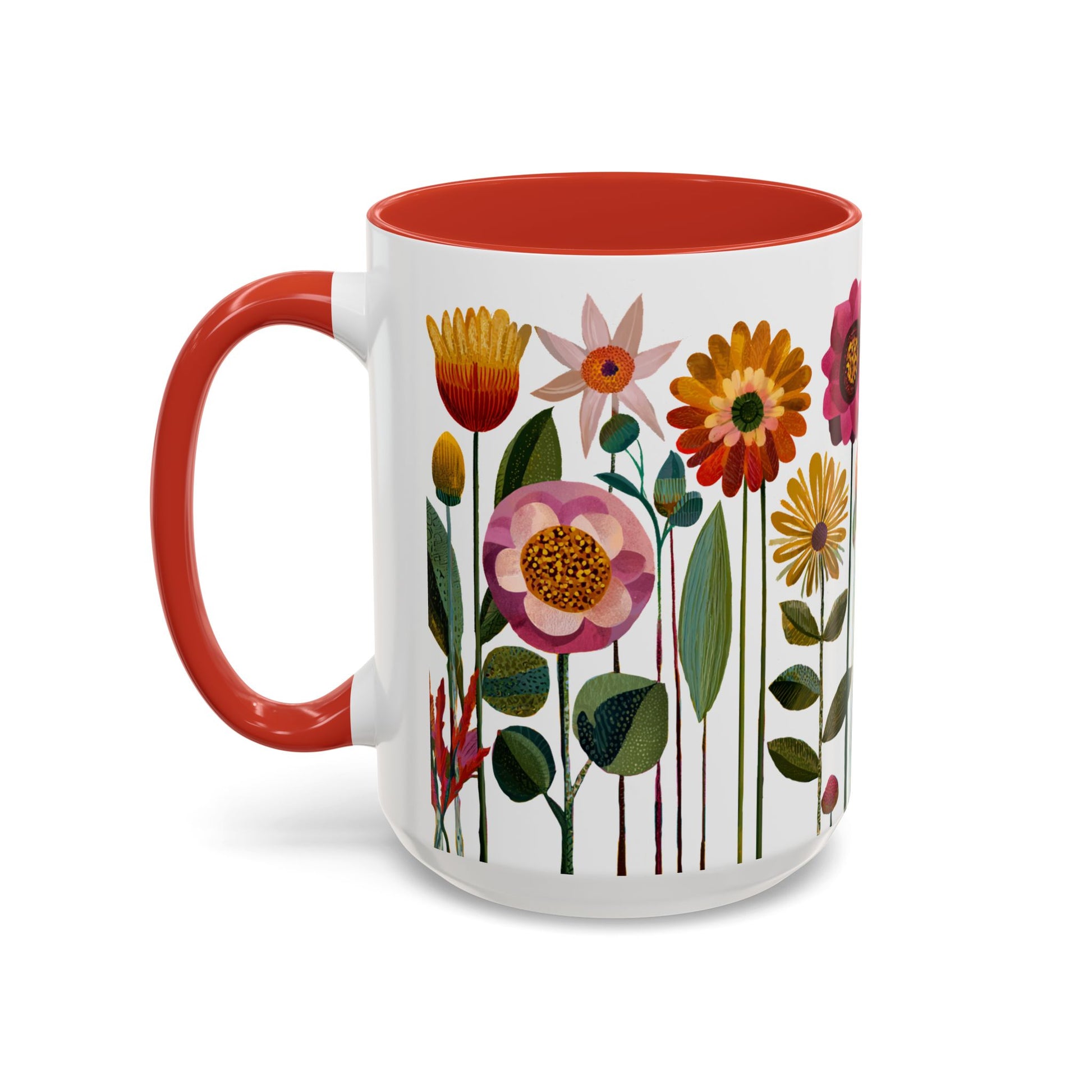 15 oz Mug with floral design and red handle on a white background