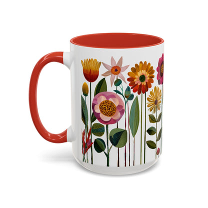 15 oz Mug with floral design and red handle on a white background