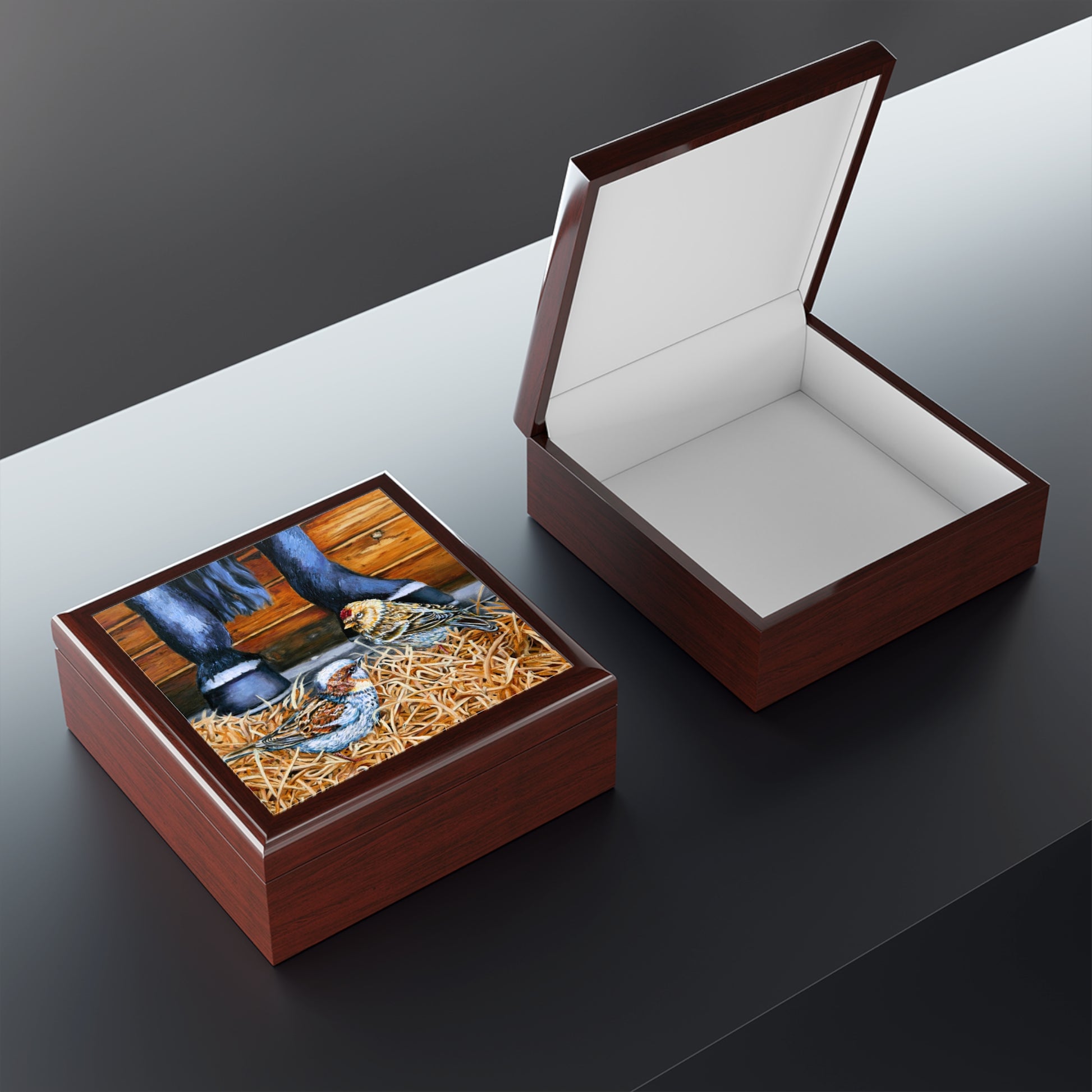 Jewelry Box/ Keepsake Box - Little Visitors Sparrows - Lacquer Box  open