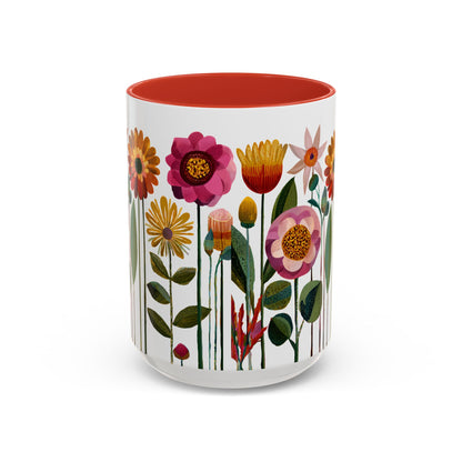 Mug with floral design on a white background. Red interior and handle