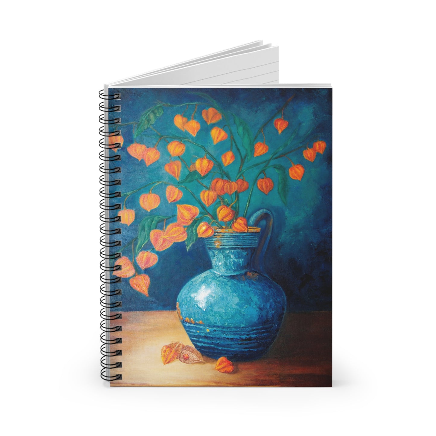 Floral Still Life Notebook — Blue Vase with Orange Lantern Flowers, Ruled Spiral Journal