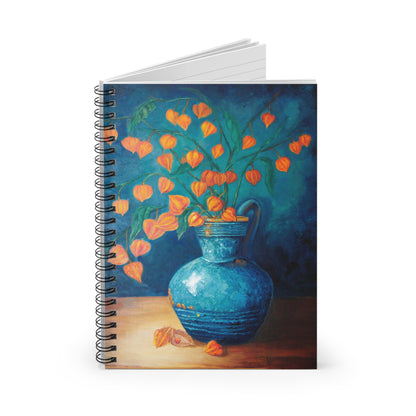 Floral Still Life Notebook — Blue Vase with Orange Lantern Flowers, Ruled Spiral Journal