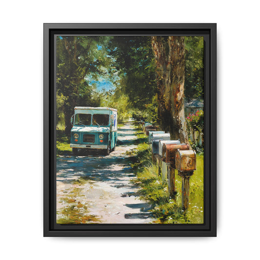 Framed Matte Canvas Print — Vintage Mail Truck on Country Road Wall Art
