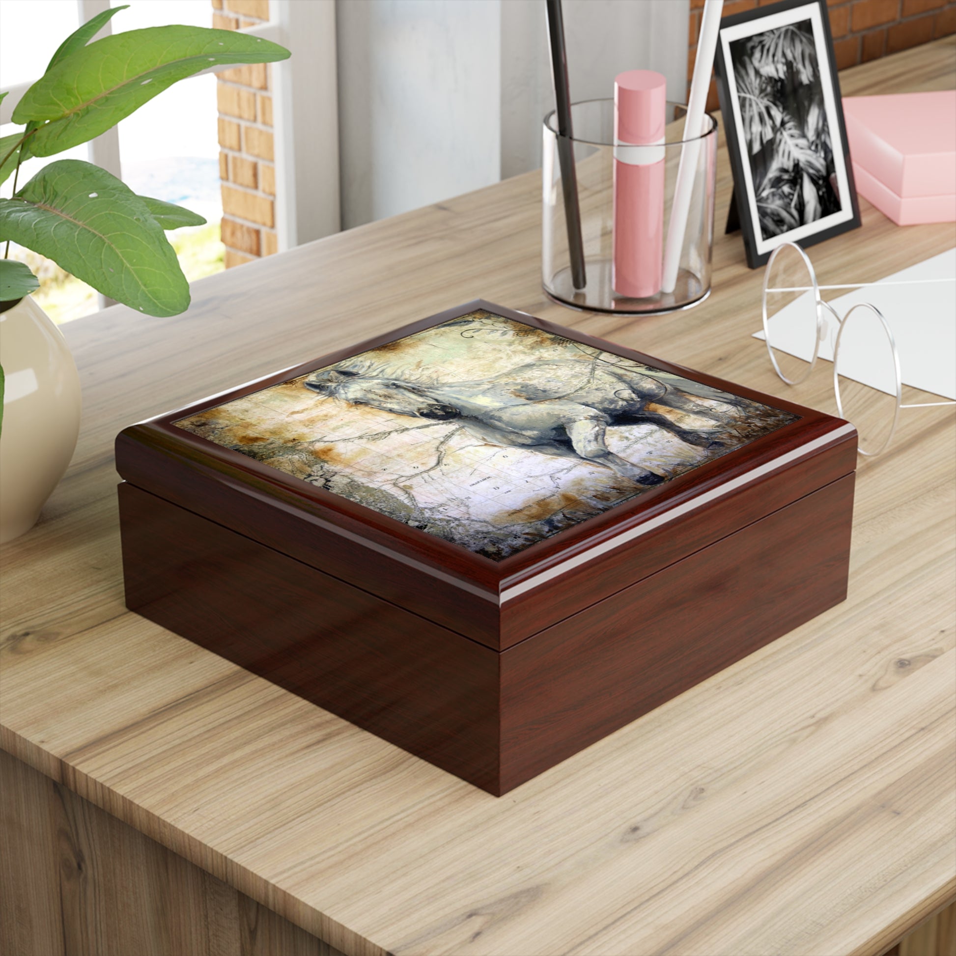 Jewelry / Keepsake Box - Horse Design -  Lacquered Wood Box Mahogany Box