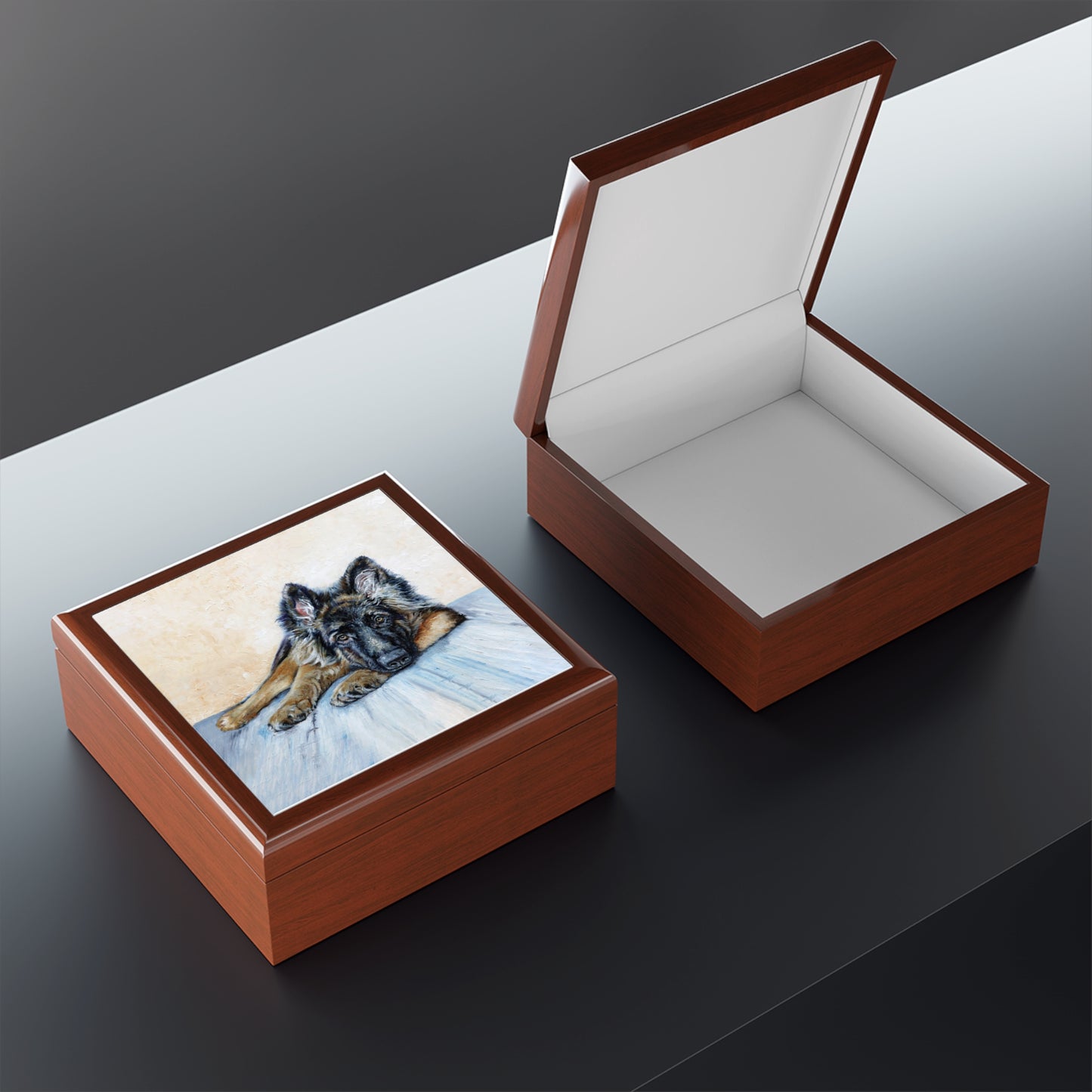 ewelry Box Lacquered  Keepsake box with German Shepherd Image interior