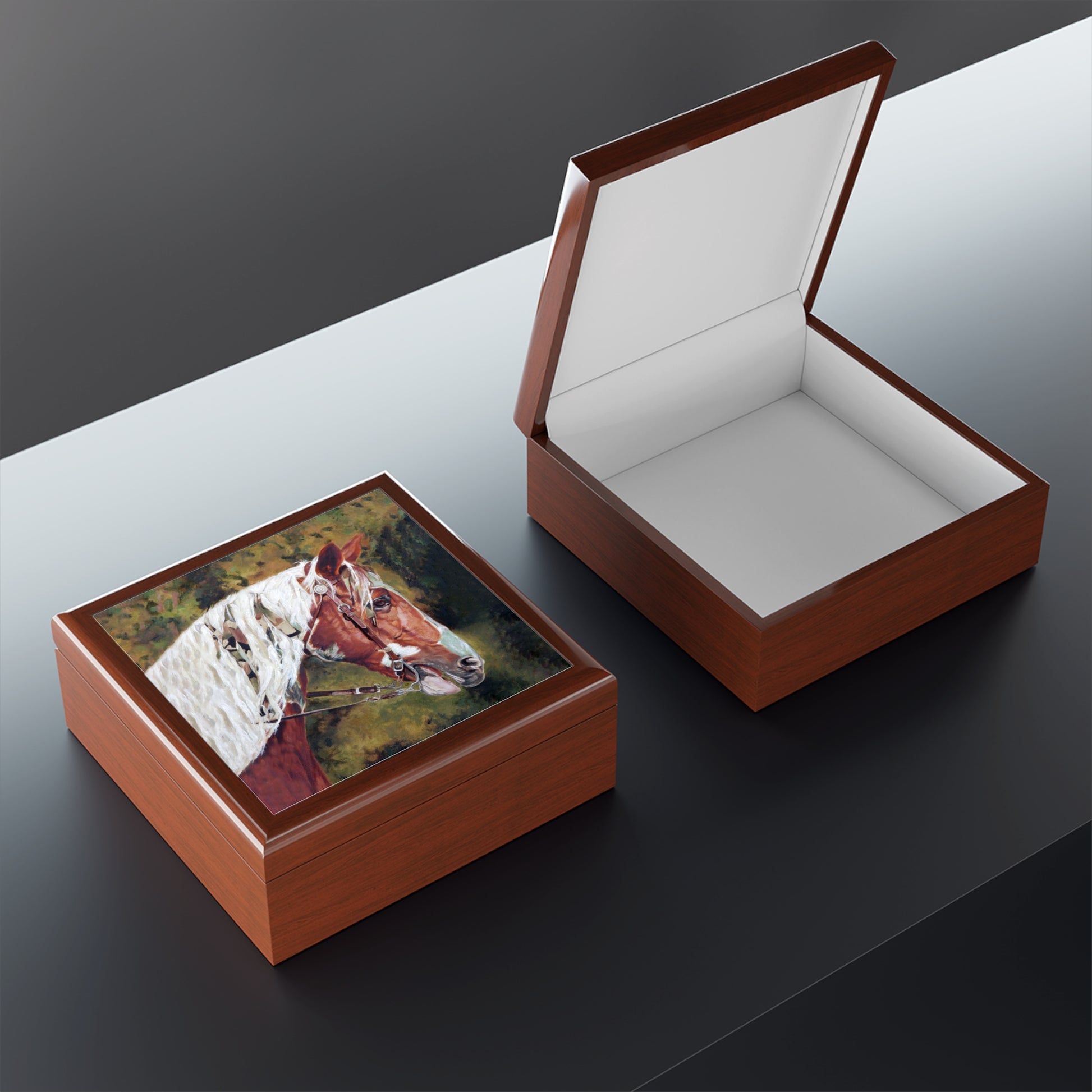 Lacquered Jewelry Keepsake Box with Horse Head Lid open