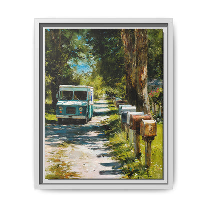 Framed Matte Canvas Print — Vintage Mail Truck on Country Road Wall Art