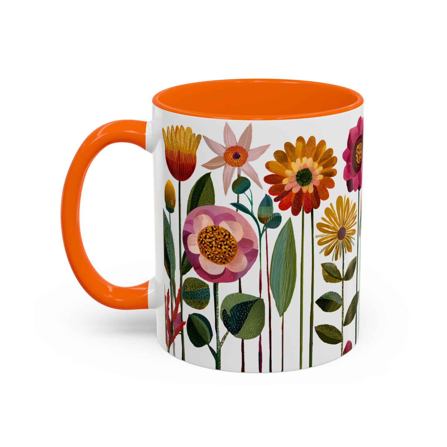Mug with floral design and orange handle on a white background left handle
