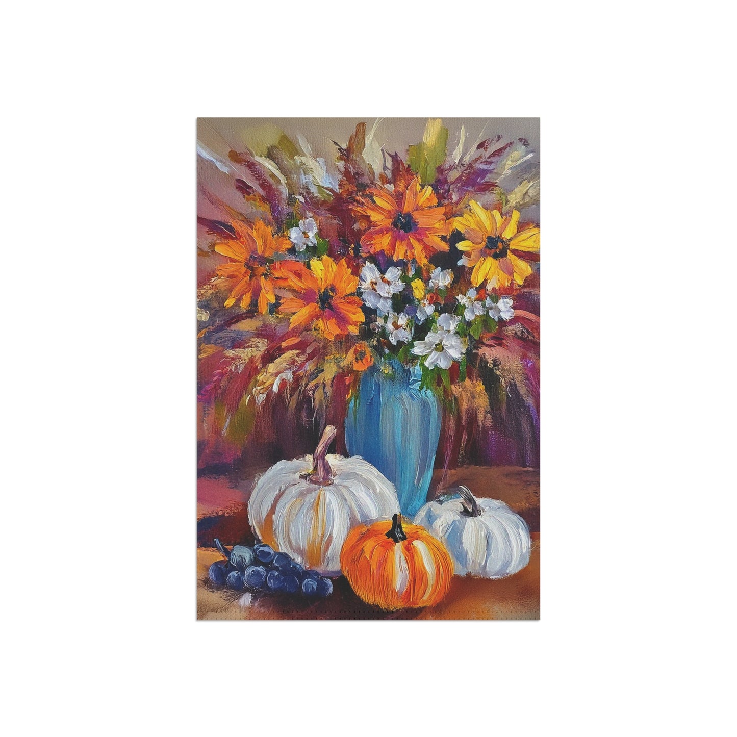 Painting of a vase with flowers and pumpkins on a table