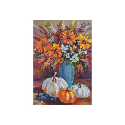 Painting of a vase with flowers and pumpkins on a table