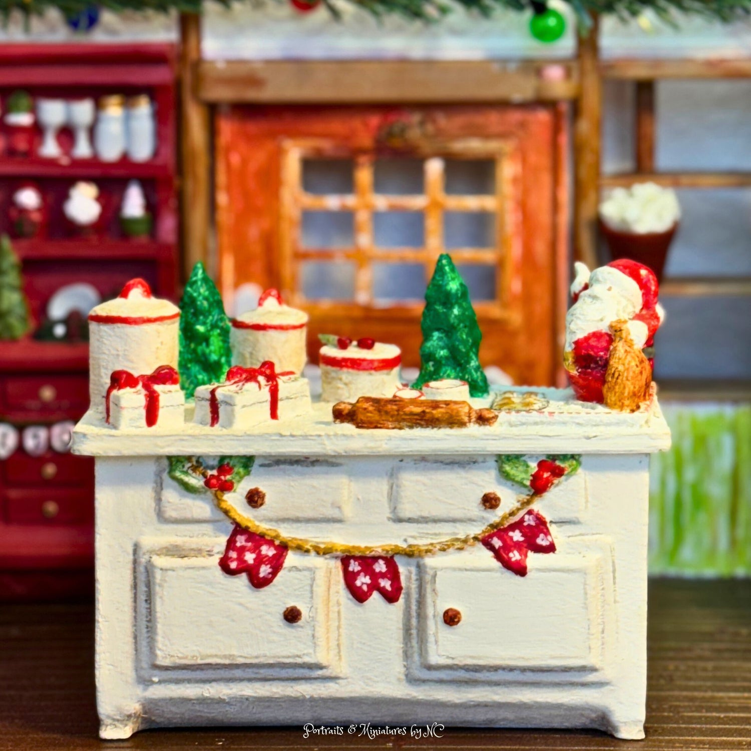 Miniature Baking Station for Dollhouse complete with cookies and Santa Figurine
