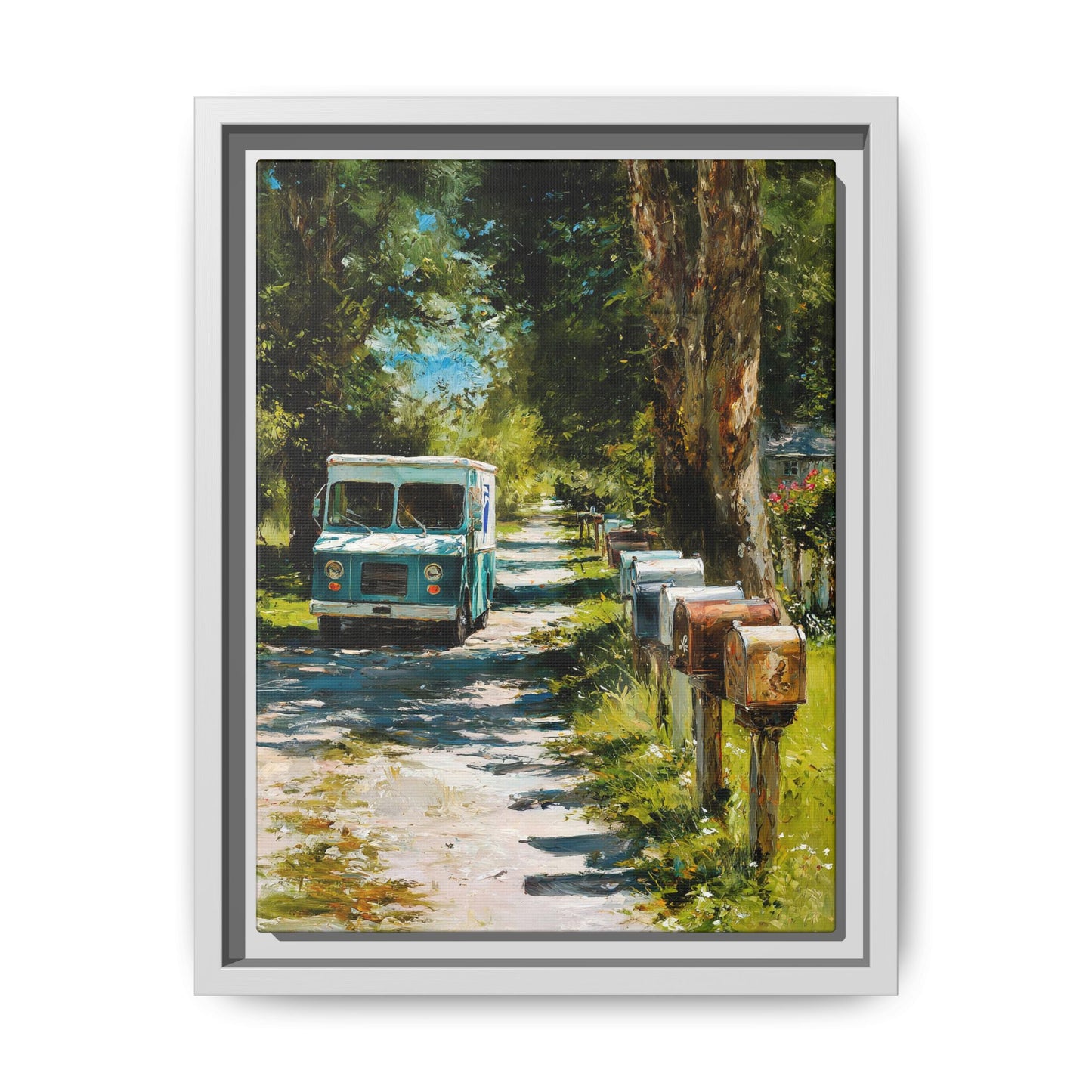 Framed Matte Canvas Print — Vintage Mail Truck on Country Road Wall Art