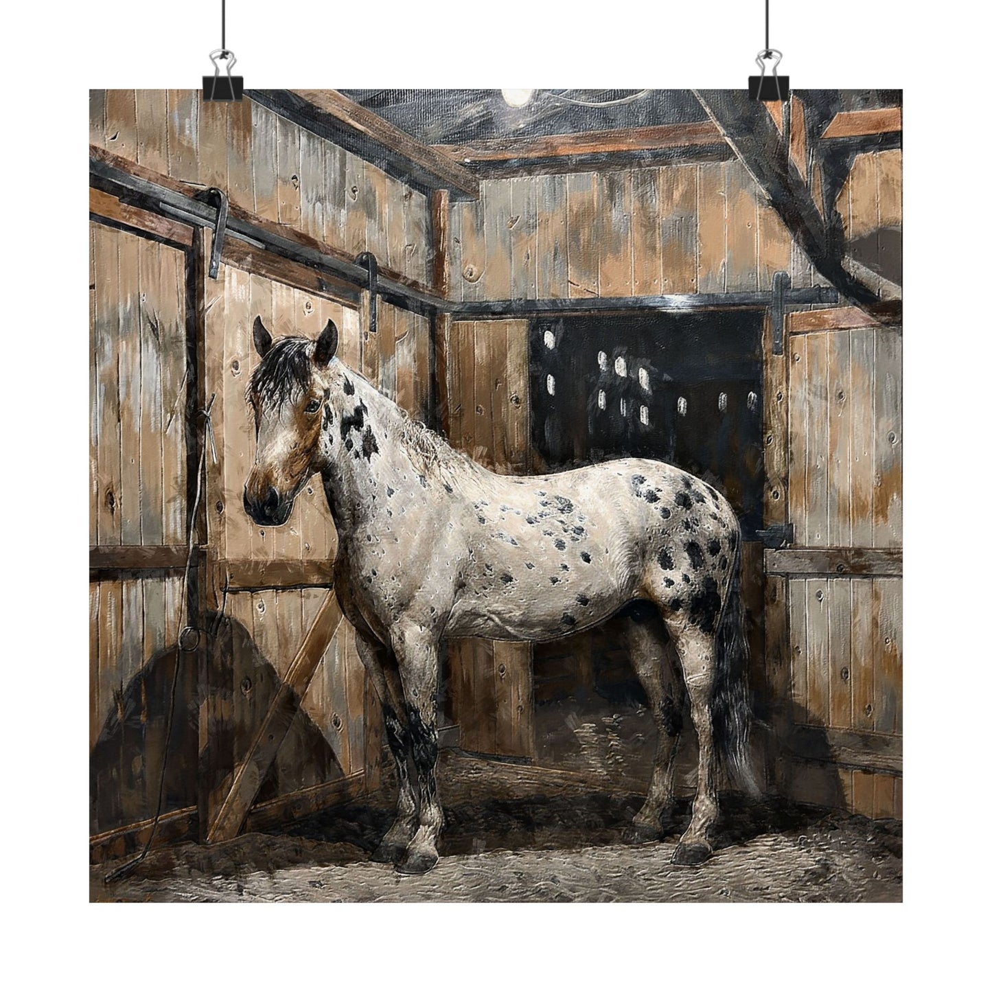 Spotted horse standing in a wooden stable
