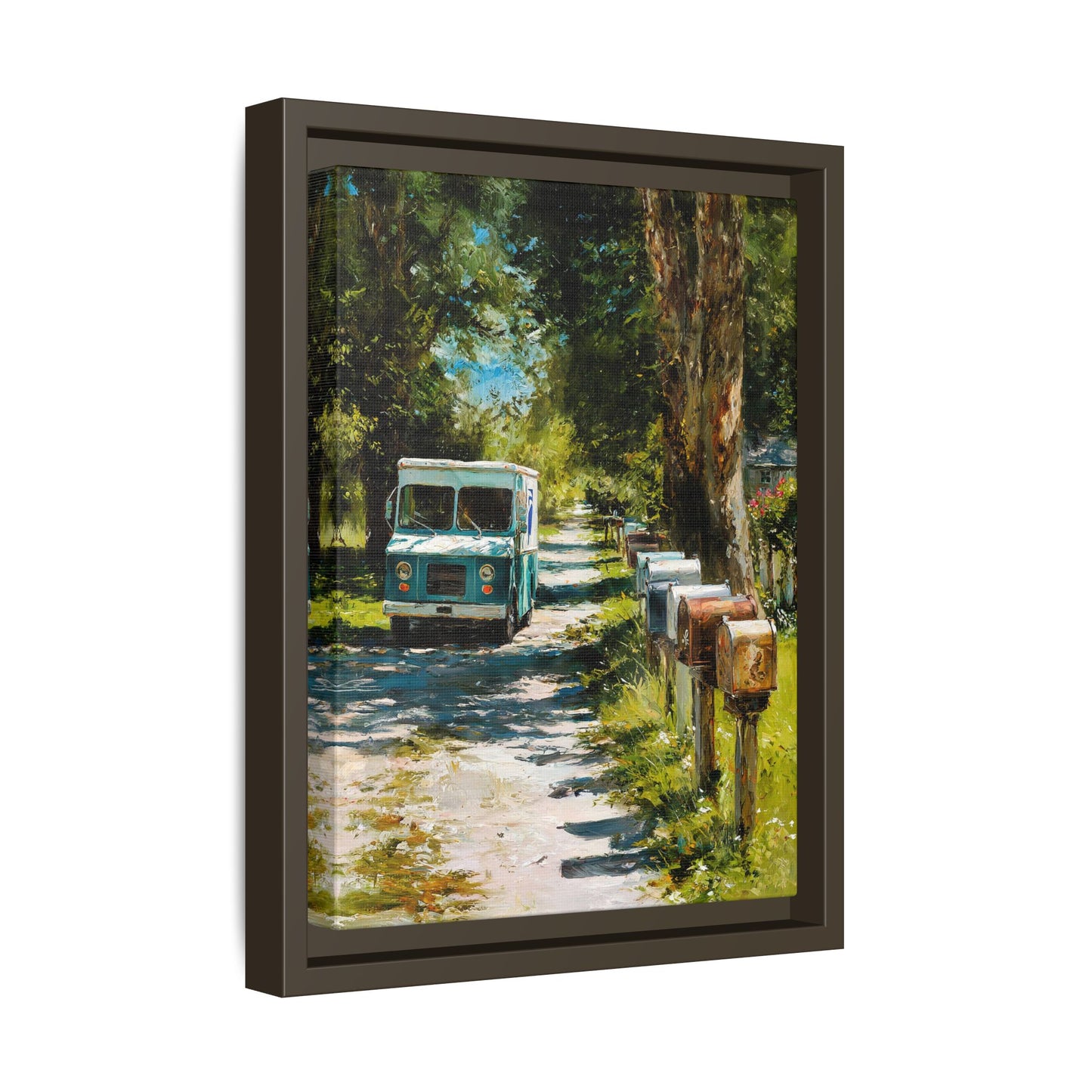 Framed Matte Canvas Print — Vintage Mail Truck on Country Road Wall Art