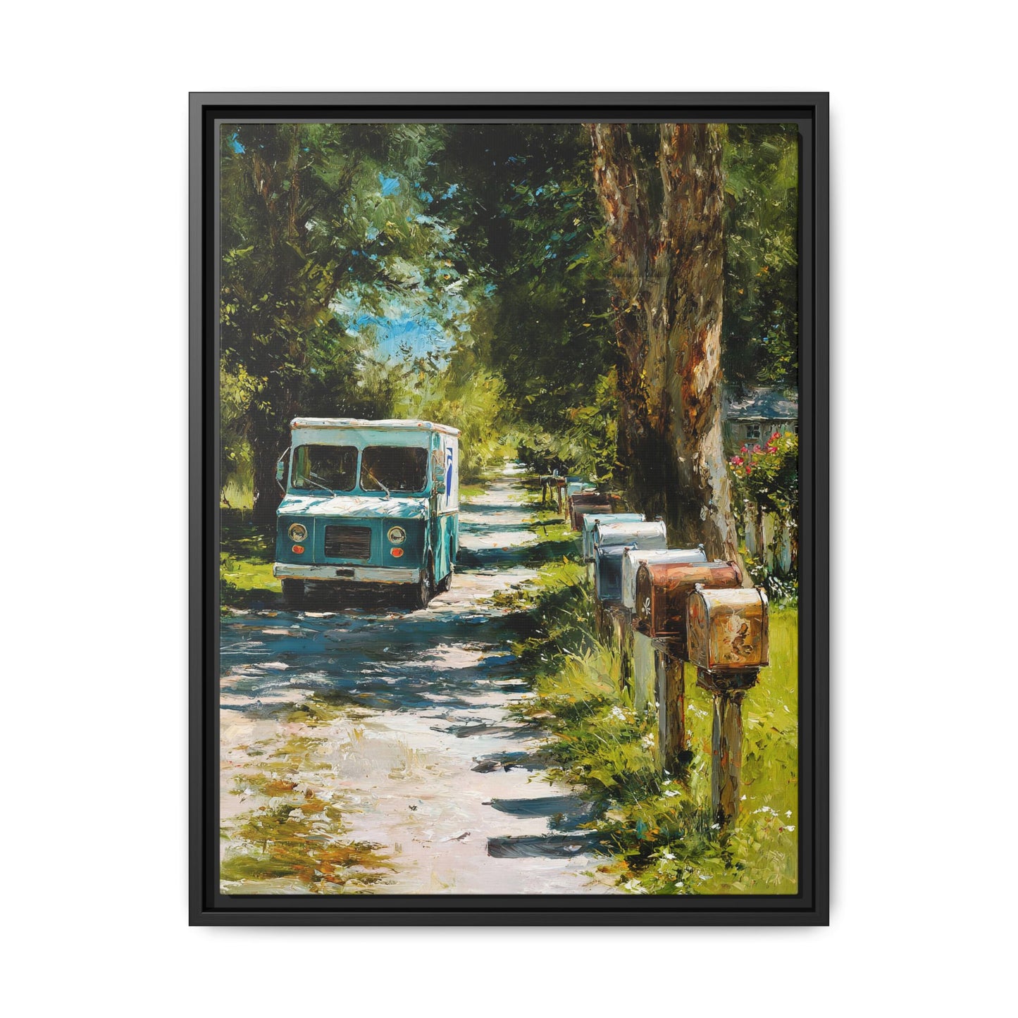 Framed Matte Canvas Print — Vintage Mail Truck on Country Road Wall Art