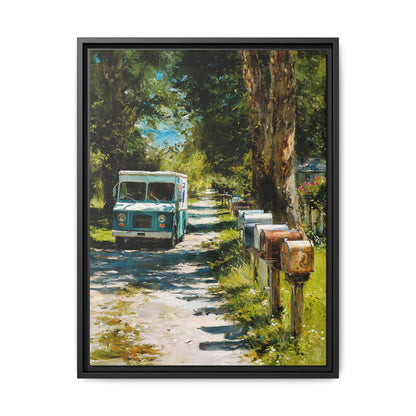 Framed Matte Canvas Print — Vintage Mail Truck on Country Road Wall Art