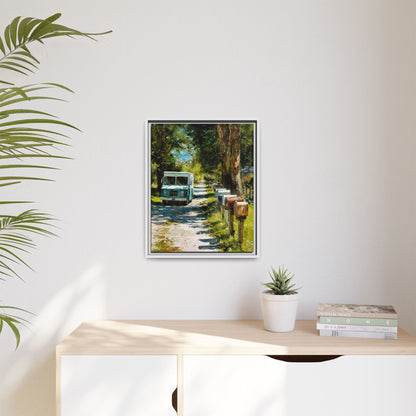 Framed Matte Canvas Print — Vintage Mail Truck on Country Road Wall Art