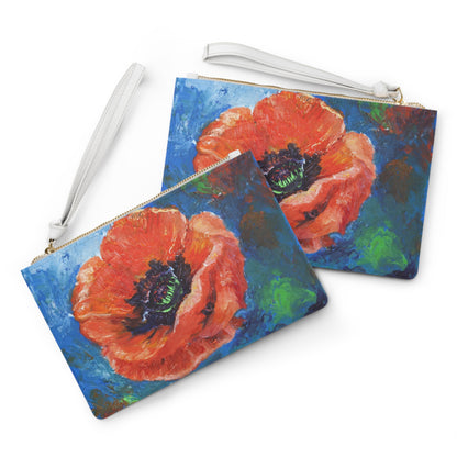 Red Poppy Vegan Leather Clutch Bag - Saffiano Wristlet Purse with Loop Handle, Floral Evening Bag, Gifts for Her set