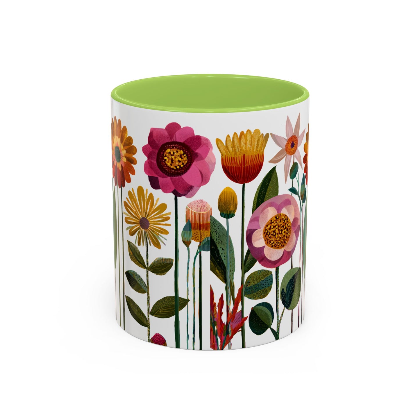 11 oz mug  with floral design and green interior and handle on a white background