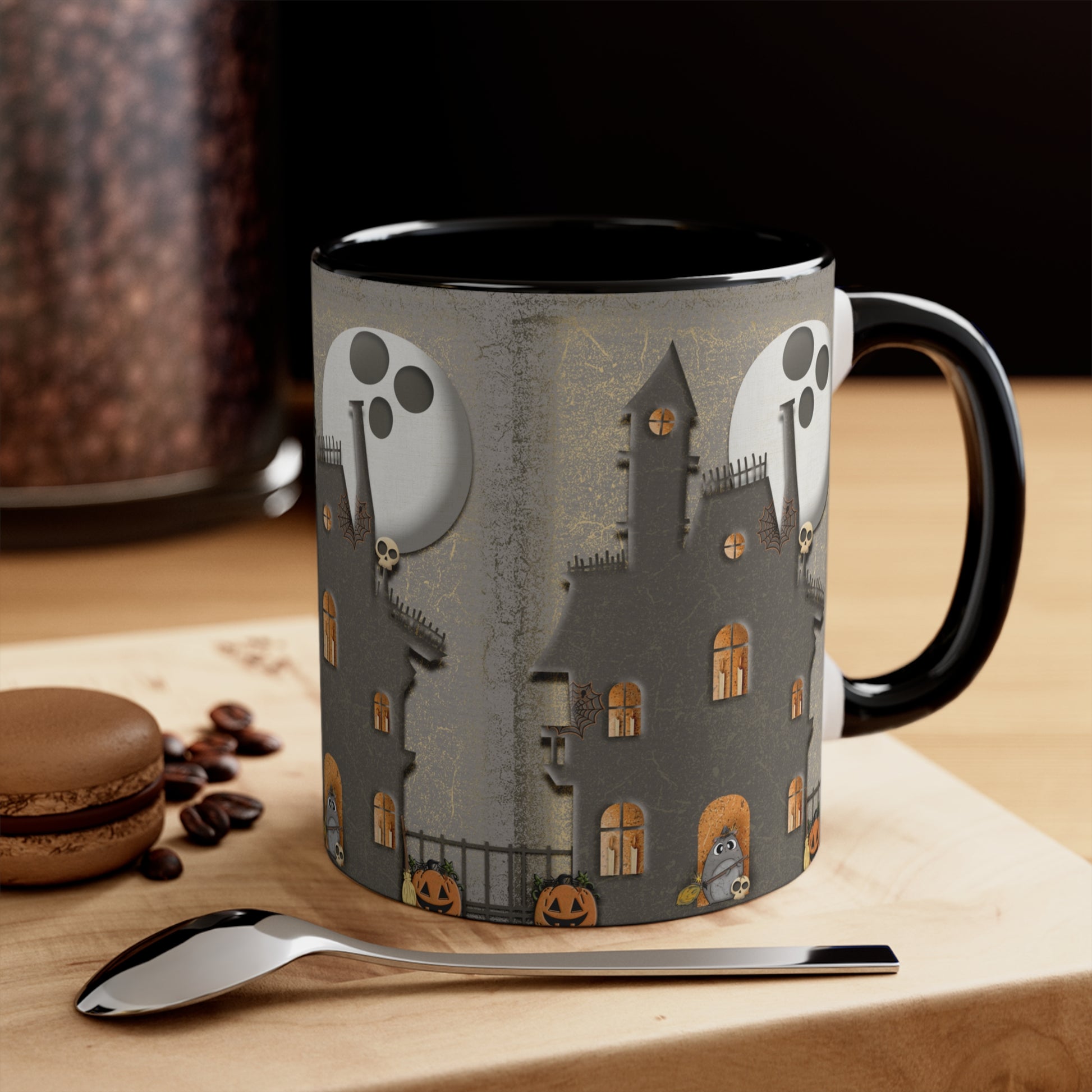 Two Tone Accent Coffee Mug, 11oz - Haunted House on desk