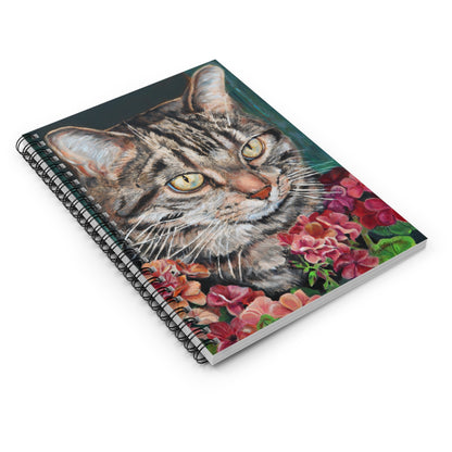 Cat Portrait Spiral Notebook — Tabby Cat with Flowers Ruled Journal
