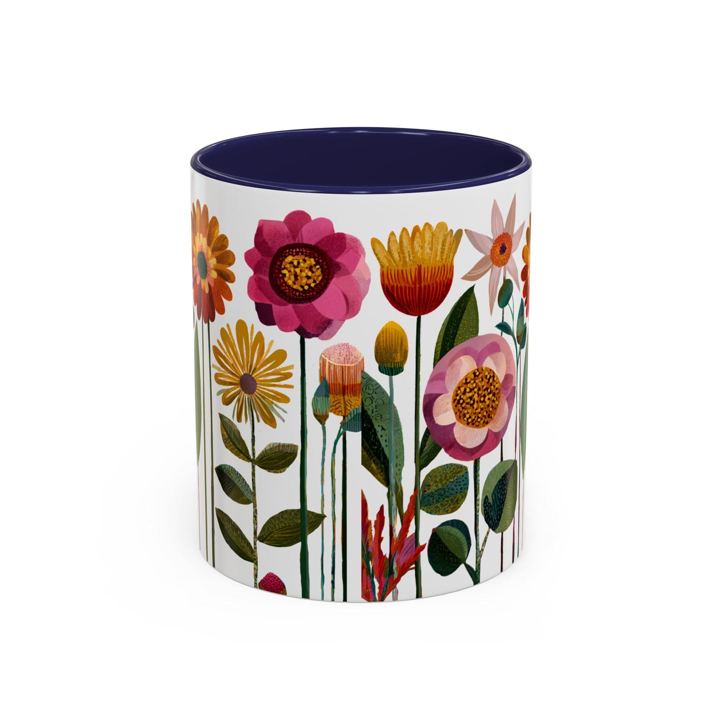 Mug with floral design on a white background with navy blue interior and handle