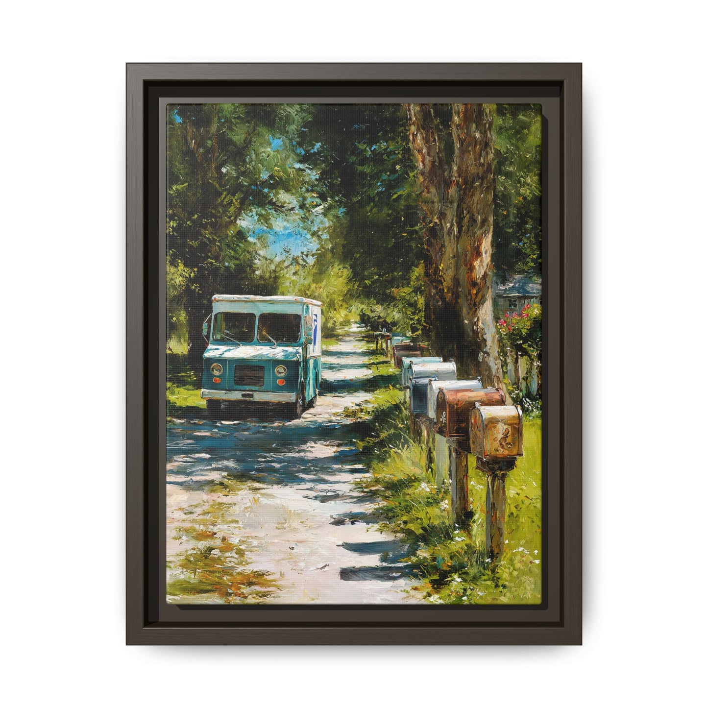 Framed Matte Canvas Print — Vintage Mail Truck on Country Road Wall Art