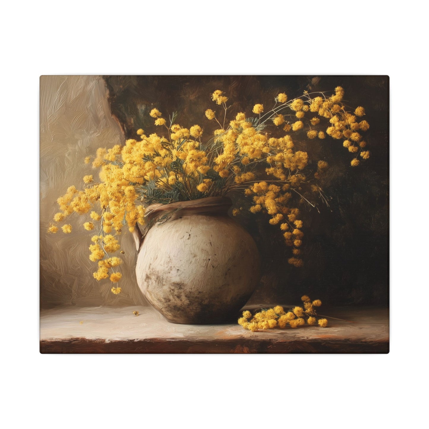 Mimosa Still Life Canvas Print — Rustic Vase Wall Art