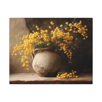 Mimosa Still Life Canvas Print — Rustic Vase Wall Art