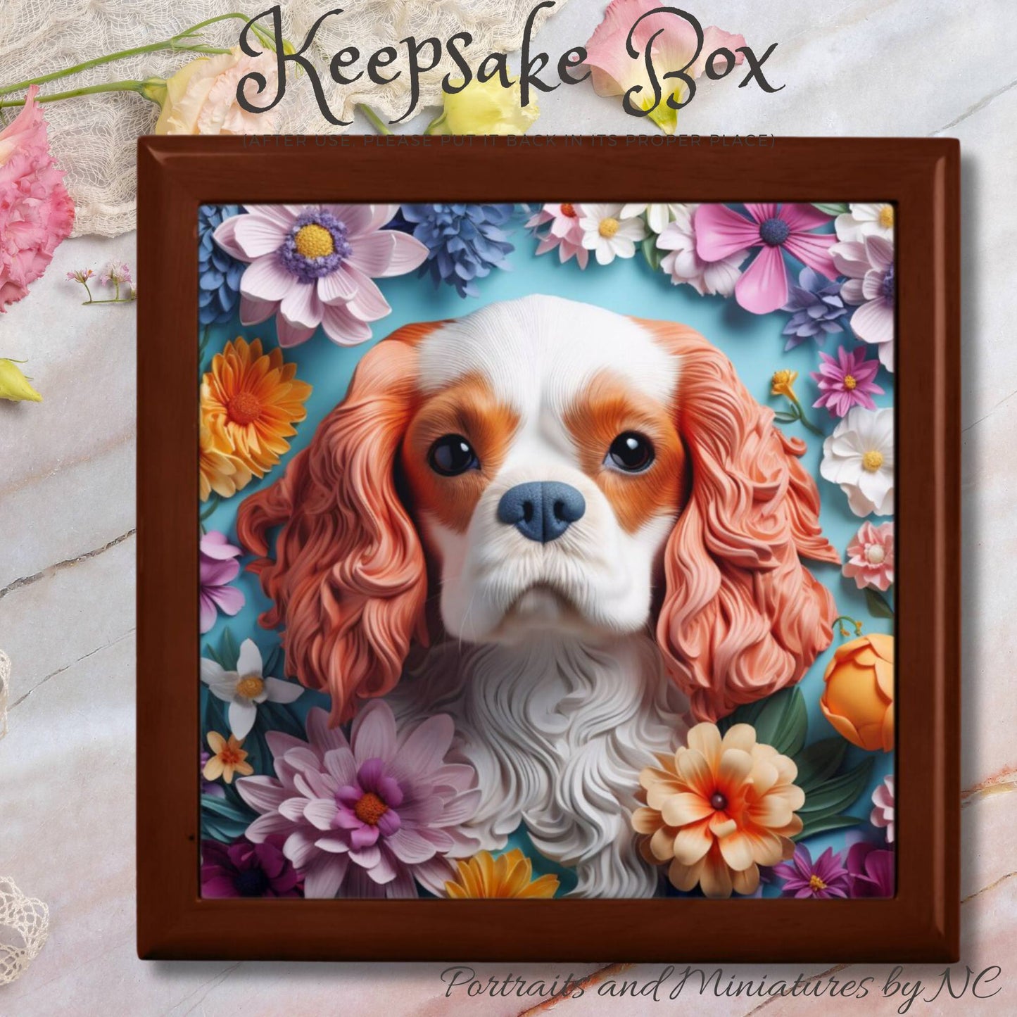 Lacquered Wood Keepsake/Jewelry Box - King Charles Spaniel on table