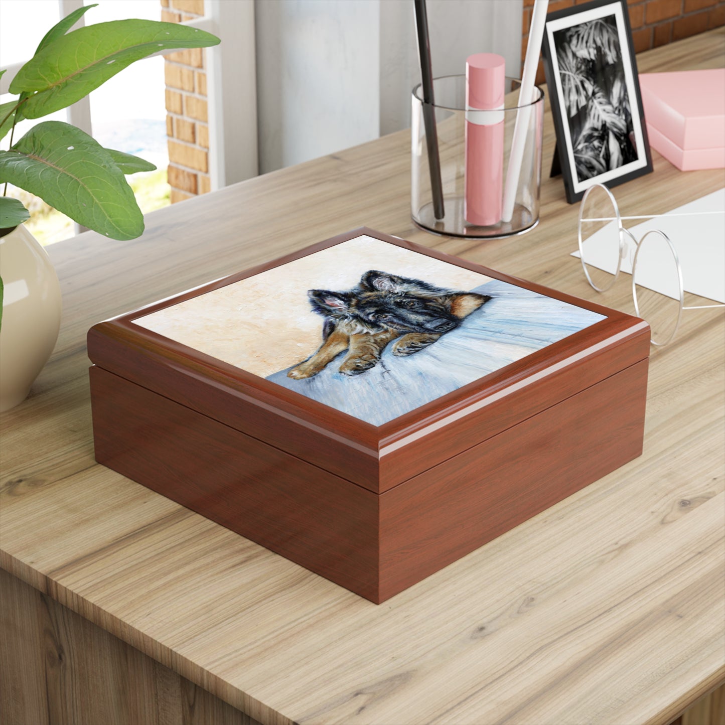 ewelry Box Lacquered  Keepsake box with German Shepherd Image golden oak box